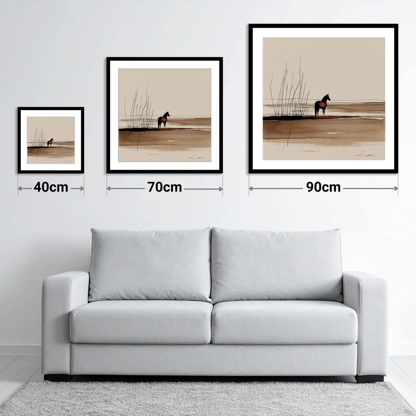 Marshland Solitude - size guide showing 40cm, 70cm and 90cm art prints