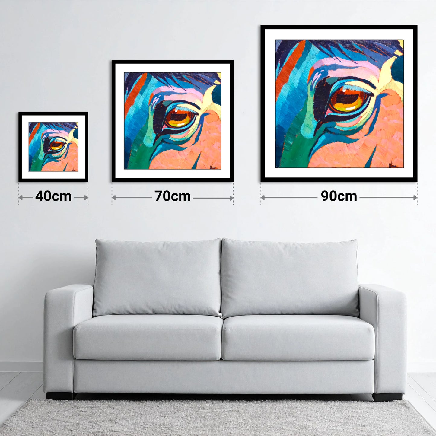 Vibrant Equine Gaze - size guide showing 40cm, 70cm and 90cm art prints