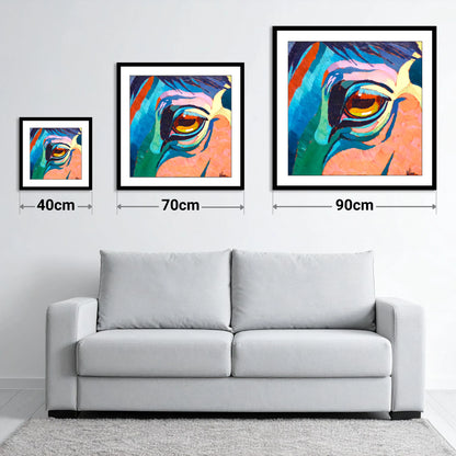 Vibrant Equine Gaze - size guide showing 40cm, 70cm and 90cm art prints