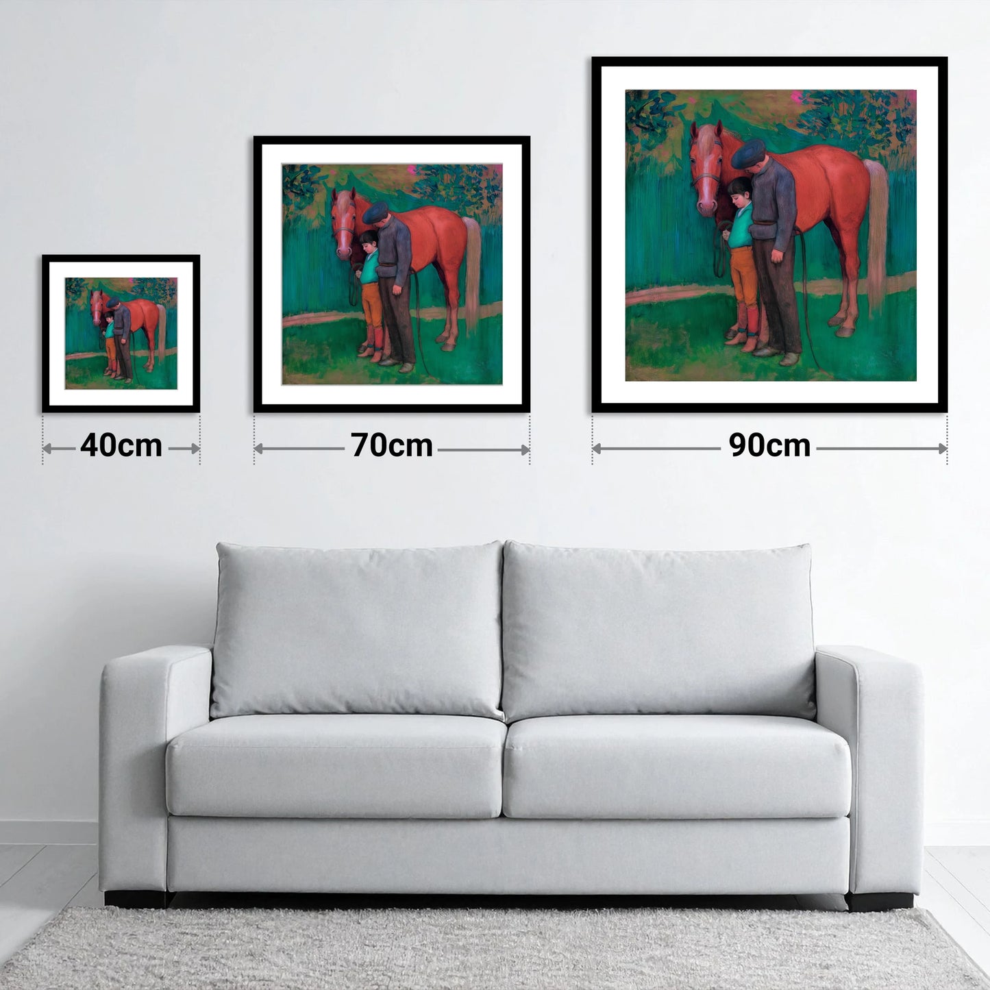 A Quiet Connection - size guide showing 40cm, 70cm and 90cm art prints