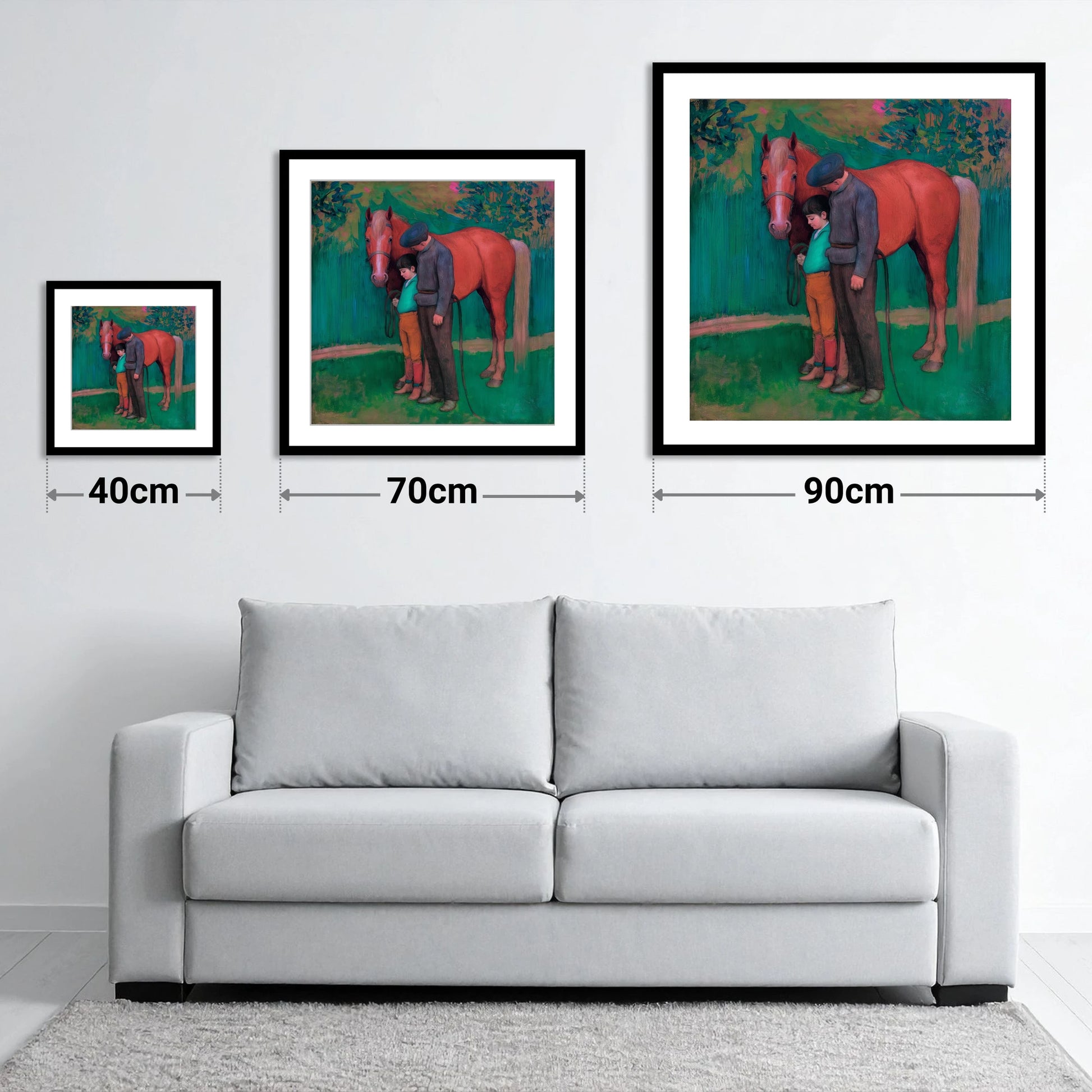 A Quiet Connection - size guide showing 40cm, 70cm and 90cm art prints