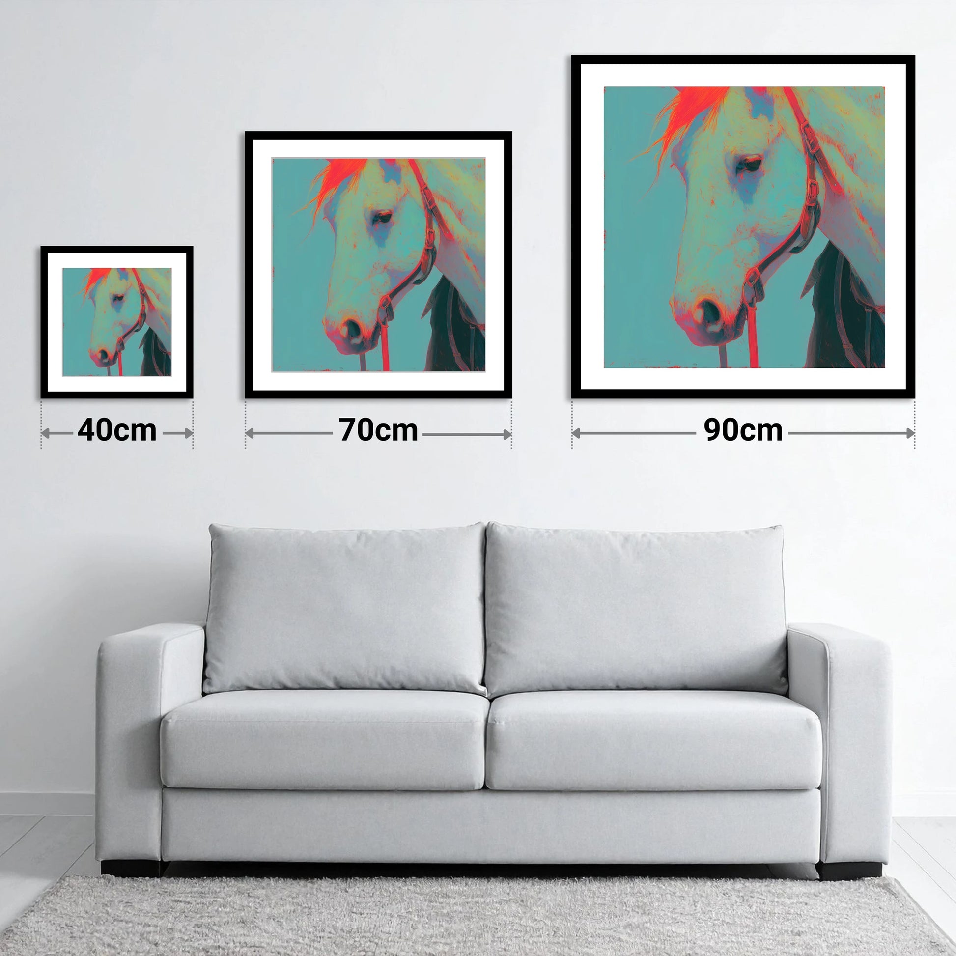 Electric Teal Profile - size guide showing 40cm, 70cm and 90cm art prints