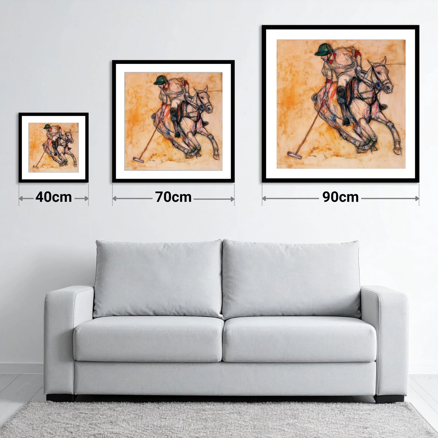 The Decisive Strike - size guide showing 40cm, 70cm and 90cm art prints