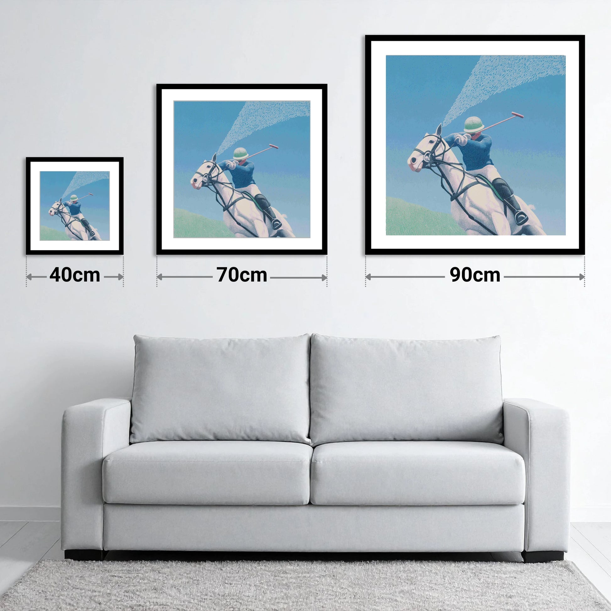 Skyward Swing - size guide showing 40cm, 70cm and 90cm art prints