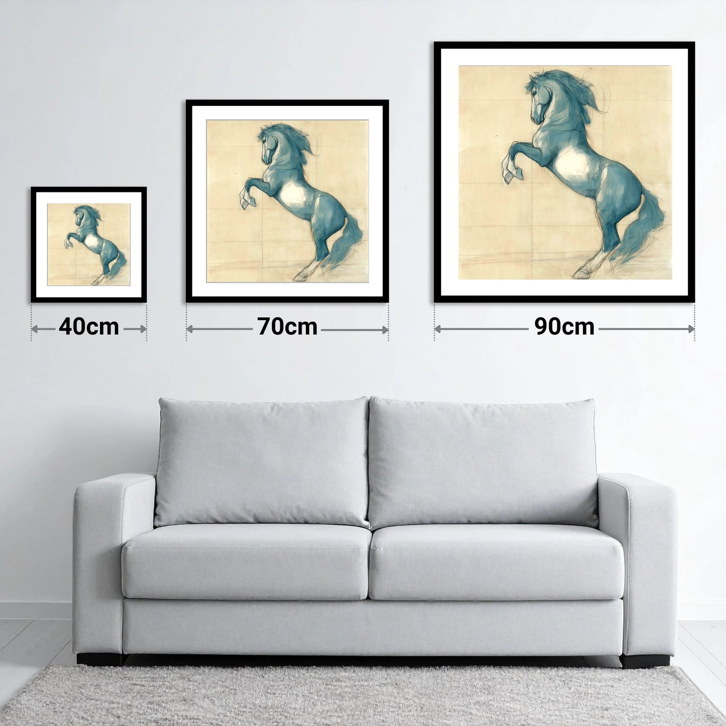 Azure Equine Study - size guide showing 40cm, 70cm and 90cm art prints