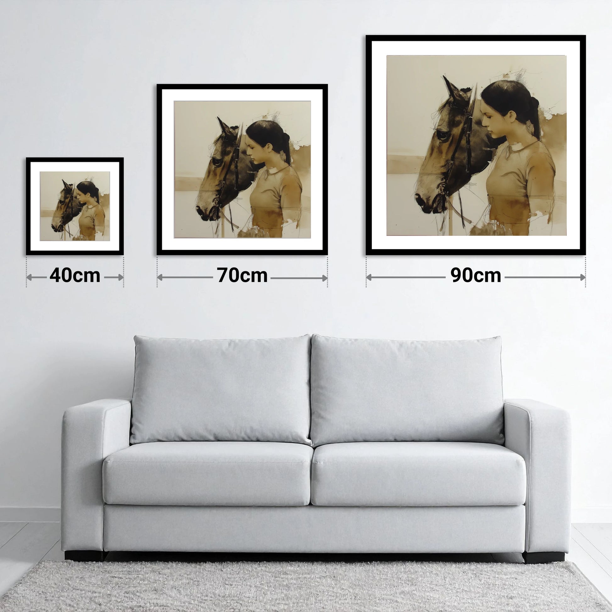 Unspoken Harmony - size guide showing 40cm, 70cm and 90cm art prints