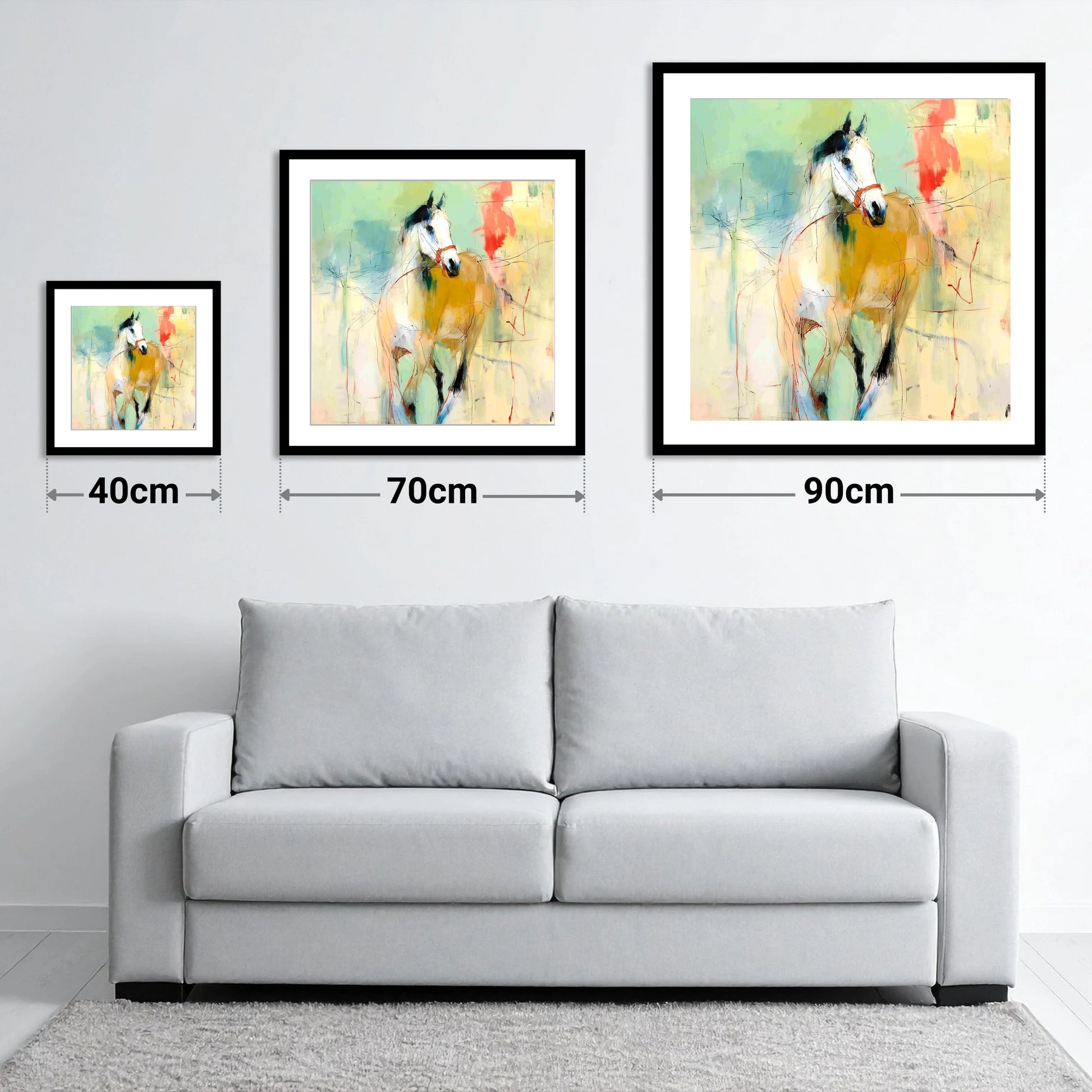 Abstract Paddock Spirit - size guide showing 40cm, 70cm and 90cm art prints