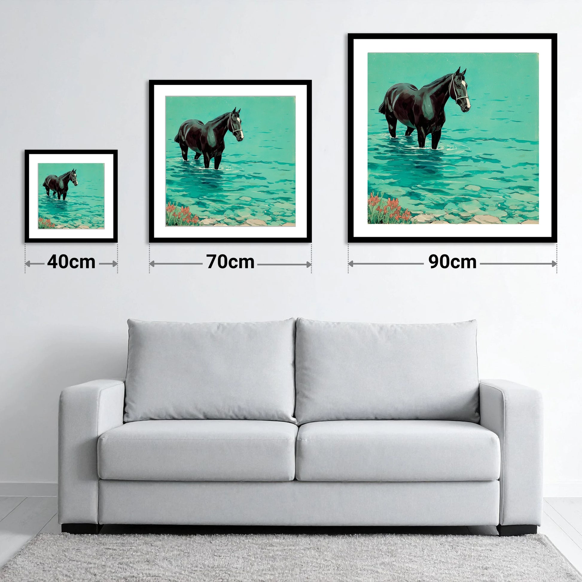 Midnight in the Shallows - size guide showing 40cm, 70cm and 90cm art prints