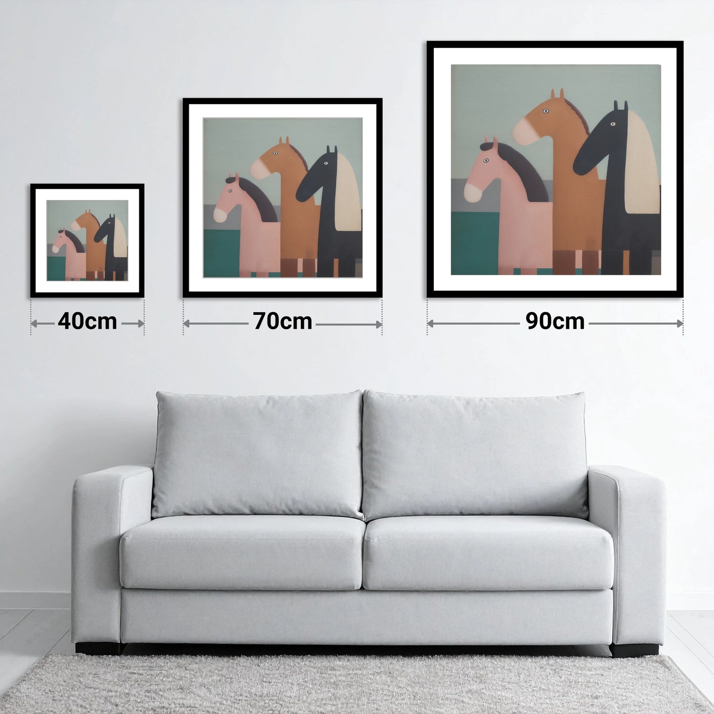 Muted Companions - size guide showing 40cm, 70cm and 90cm art prints