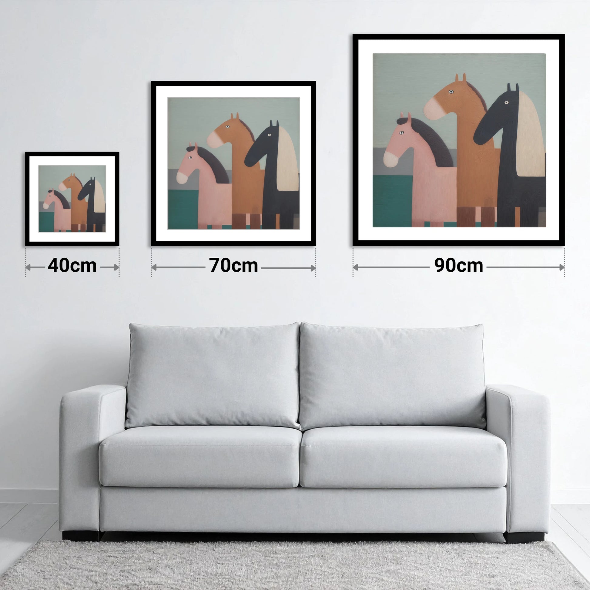Muted Companions - size guide showing 40cm, 70cm and 90cm art prints