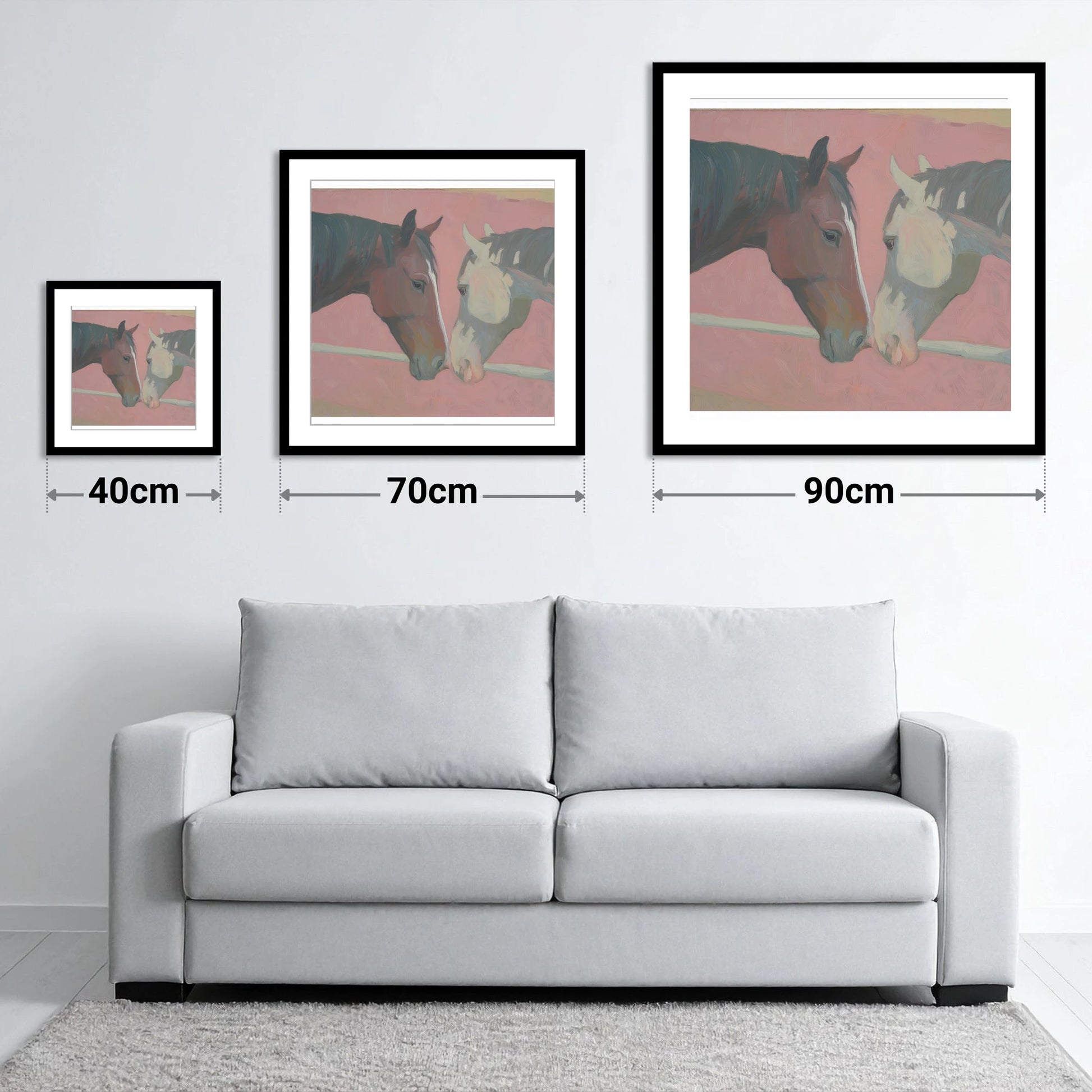 Quiet Companions - size guide showing 40cm, 70cm and 90cm art prints