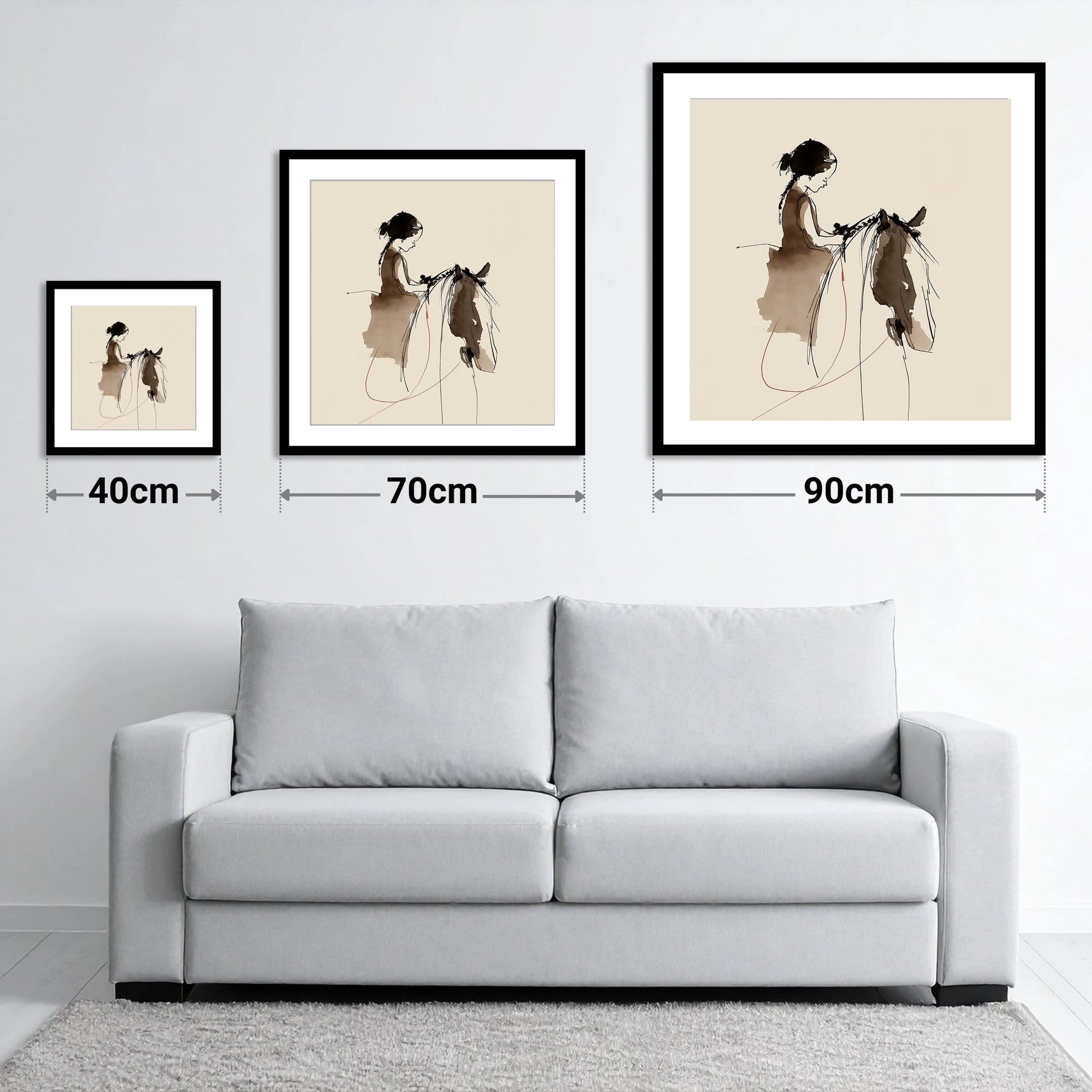 Silent Understanding - size guide showing 40cm, 70cm and 90cm art prints