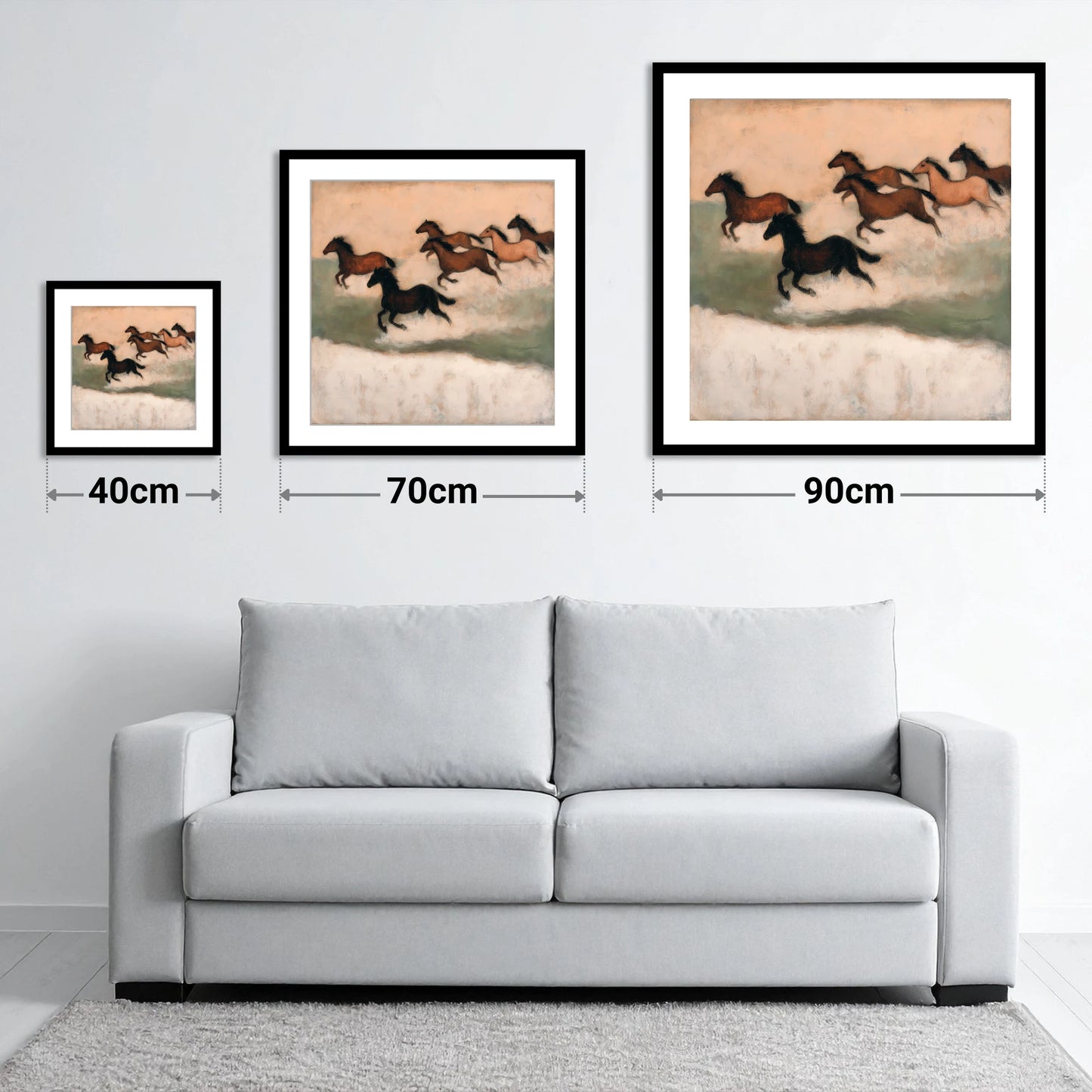 Silhouettes in the Dust - size guide showing 40cm, 70cm and 90cm art prints
