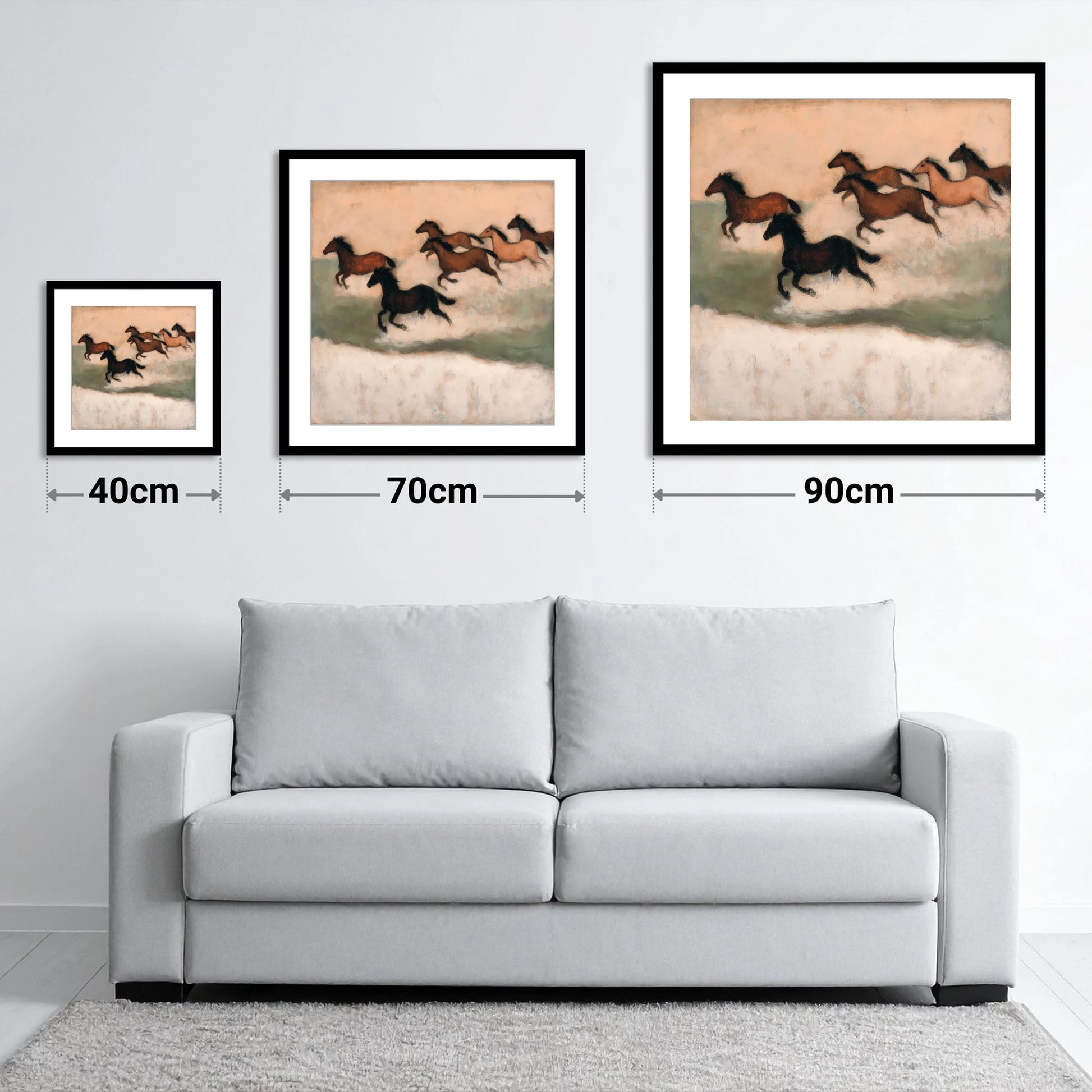 Silhouettes in the Dust - size guide showing 40cm, 70cm and 90cm art prints