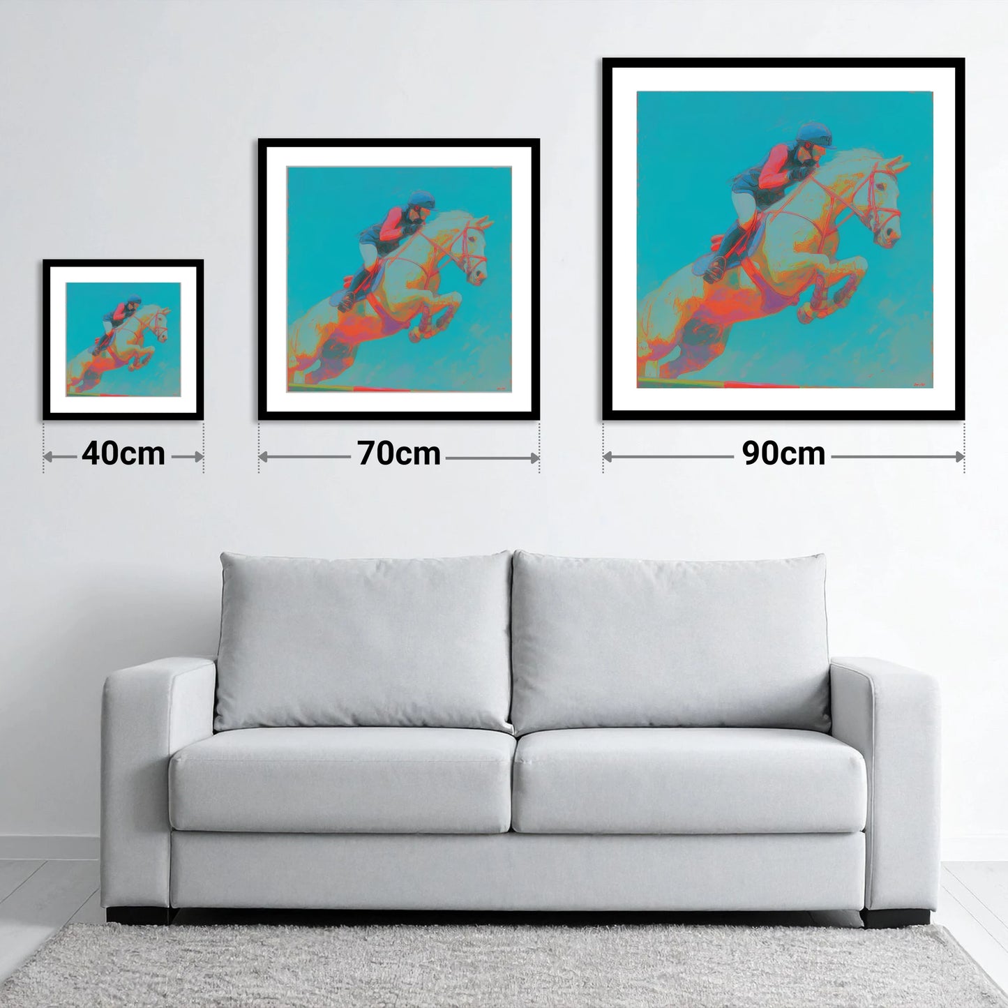 Technicolour Flight - size guide showing 40cm, 70cm and 90cm art prints