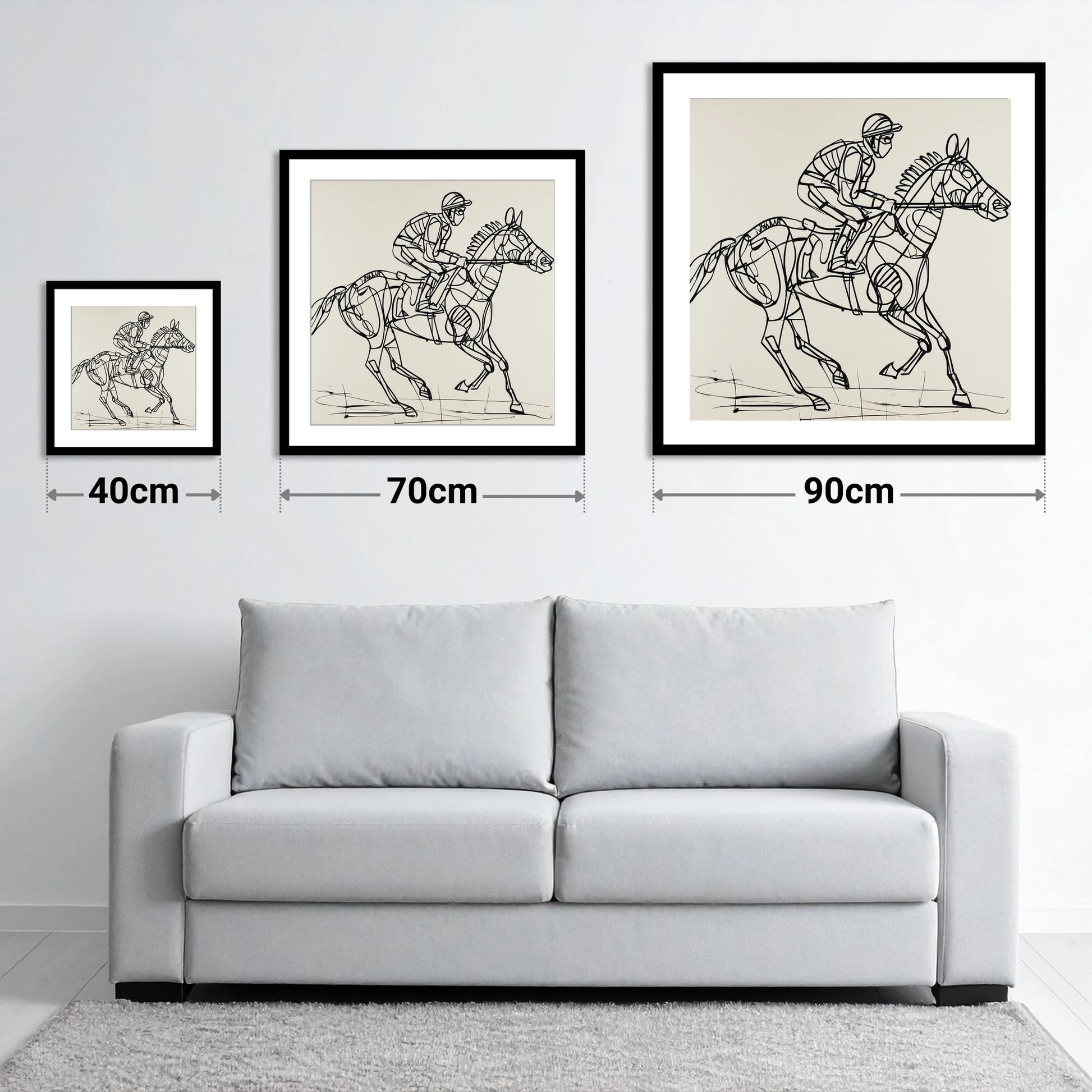 Geometry of Speed - size guide showing 40cm, 70cm and 90cm art prints