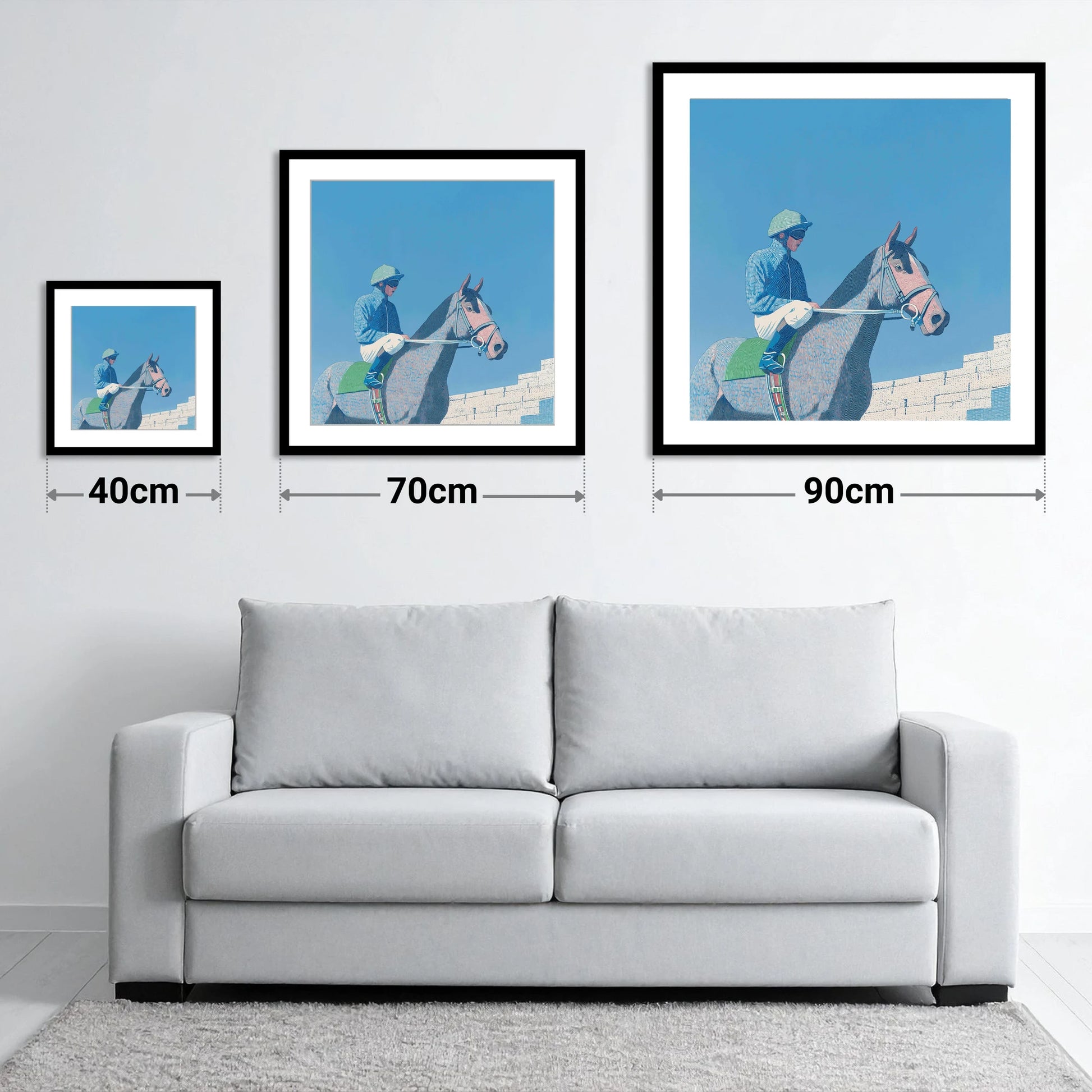 Quiet Anticipation - size guide showing 40cm, 70cm and 90cm art prints