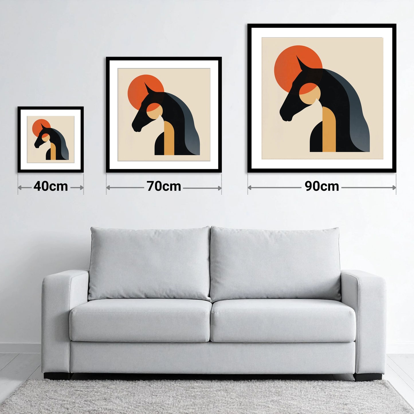 Geometric Equine Harmony - size guide showing 40cm, 70cm and 90cm art prints