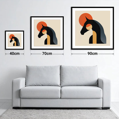 Geometric Equine Harmony - size guide showing 40cm, 70cm and 90cm art prints