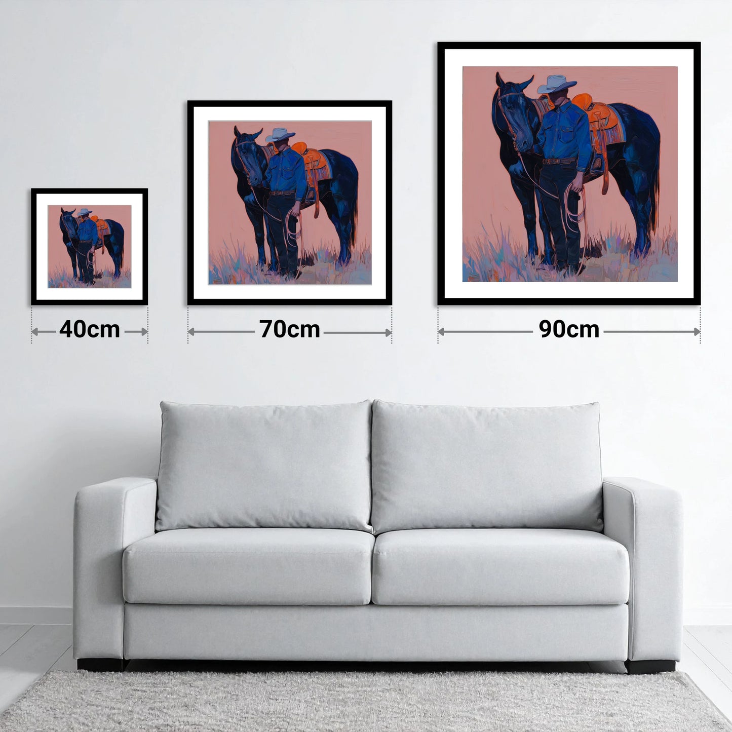 The Indigo Horseman - size guide showing 40cm, 70cm and 90cm art prints