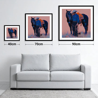 The Indigo Horseman - size guide showing 40cm, 70cm and 90cm art prints
