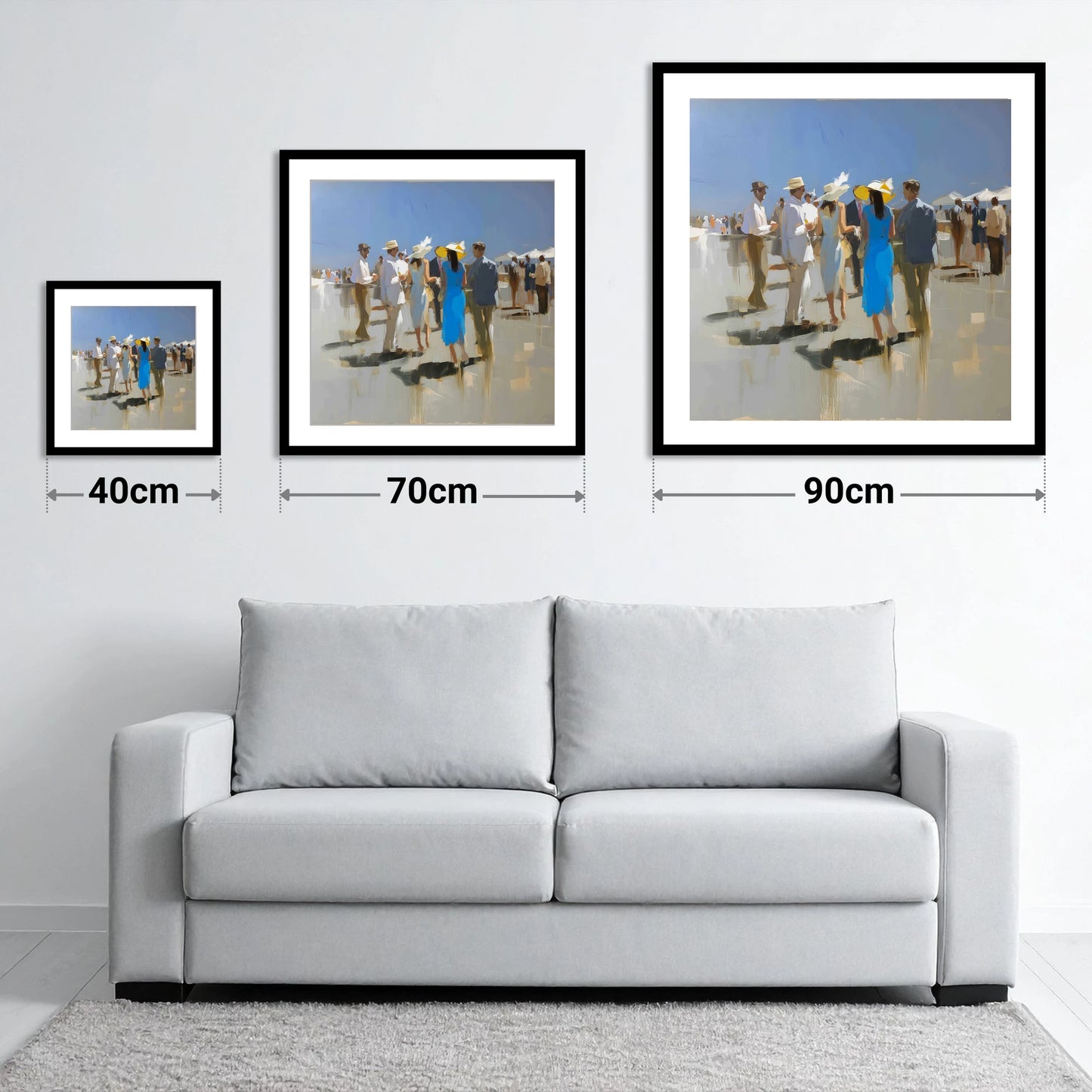 The Summer Racing Crowd - size guide showing 40cm, 70cm and 90cm art prints