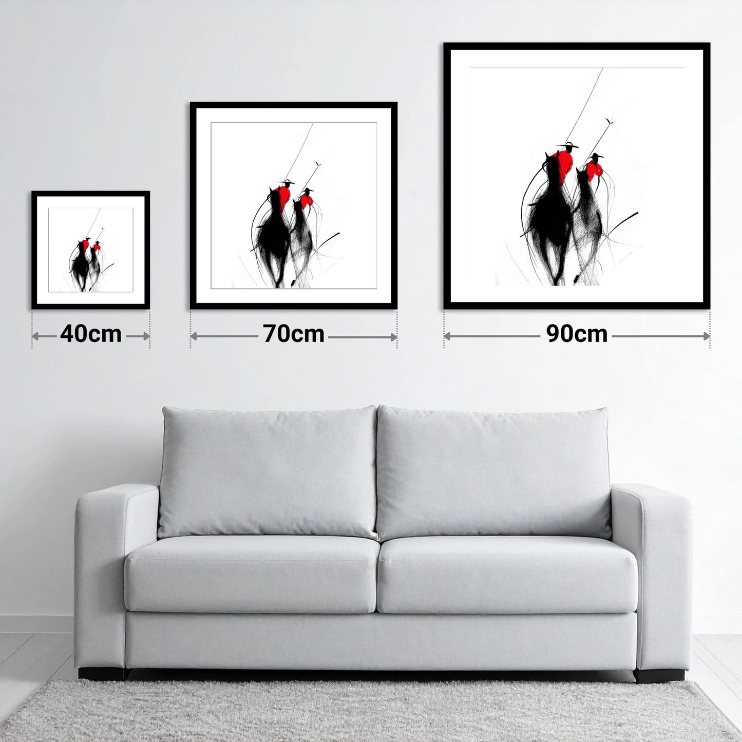 The Crimson Chukka - size guide showing 40cm, 70cm and 90cm art prints