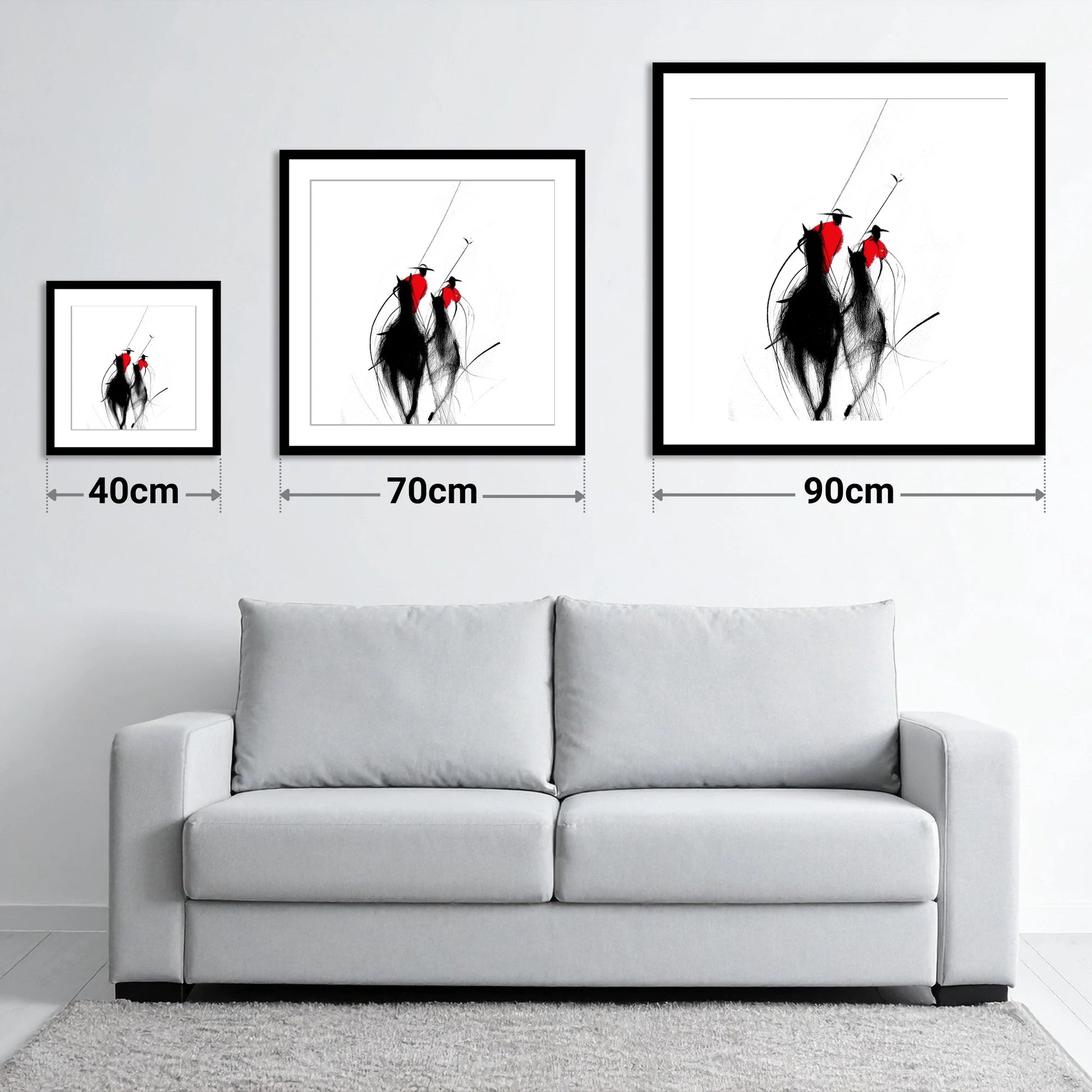 The Crimson Chukka - size guide showing 40cm, 70cm and 90cm art prints