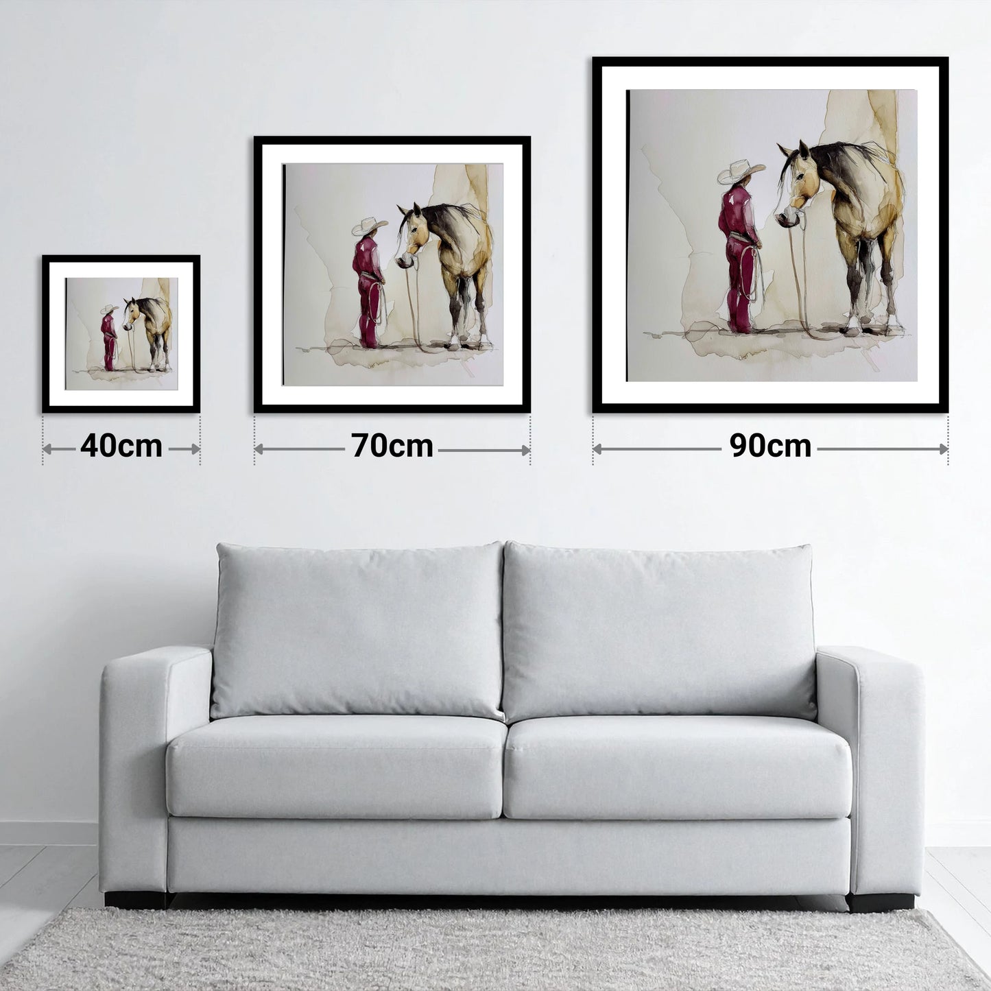 A Quiet Understanding - size guide showing 40cm, 70cm and 90cm art prints
