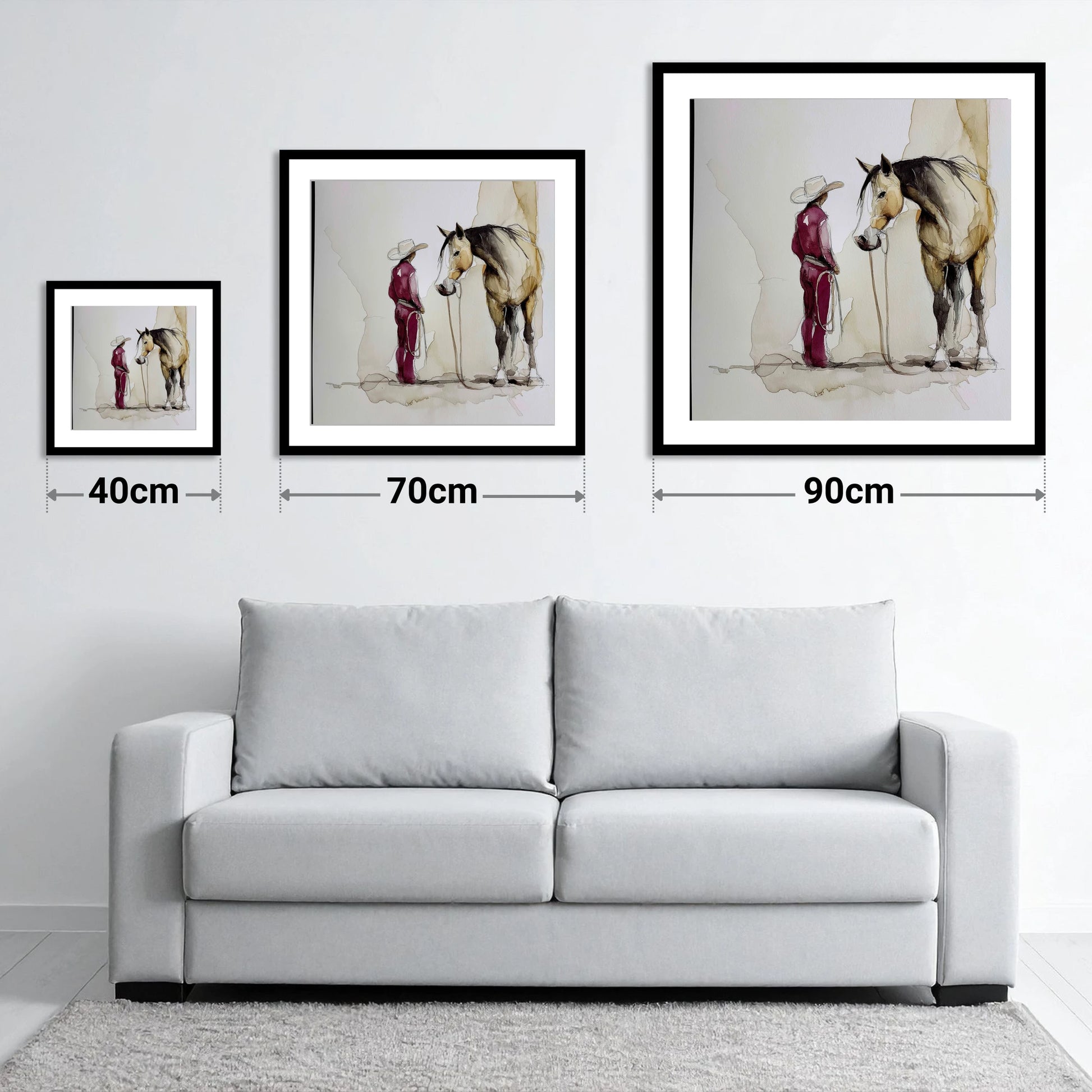 A Quiet Understanding - size guide showing 40cm, 70cm and 90cm art prints