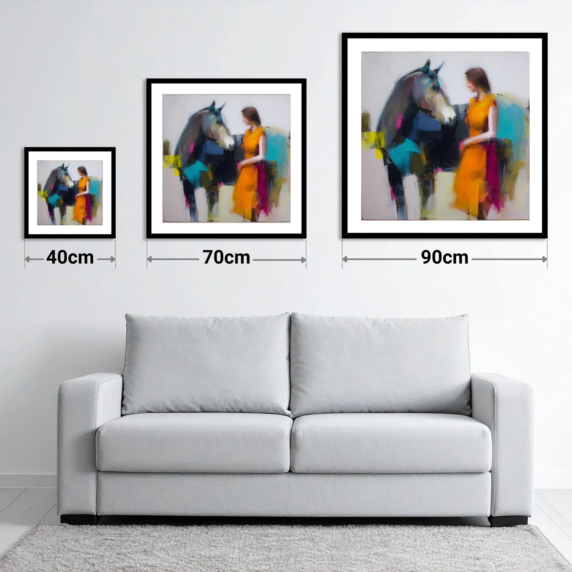 Vivid Companionship - size guide showing 40cm, 70cm and 90cm art prints