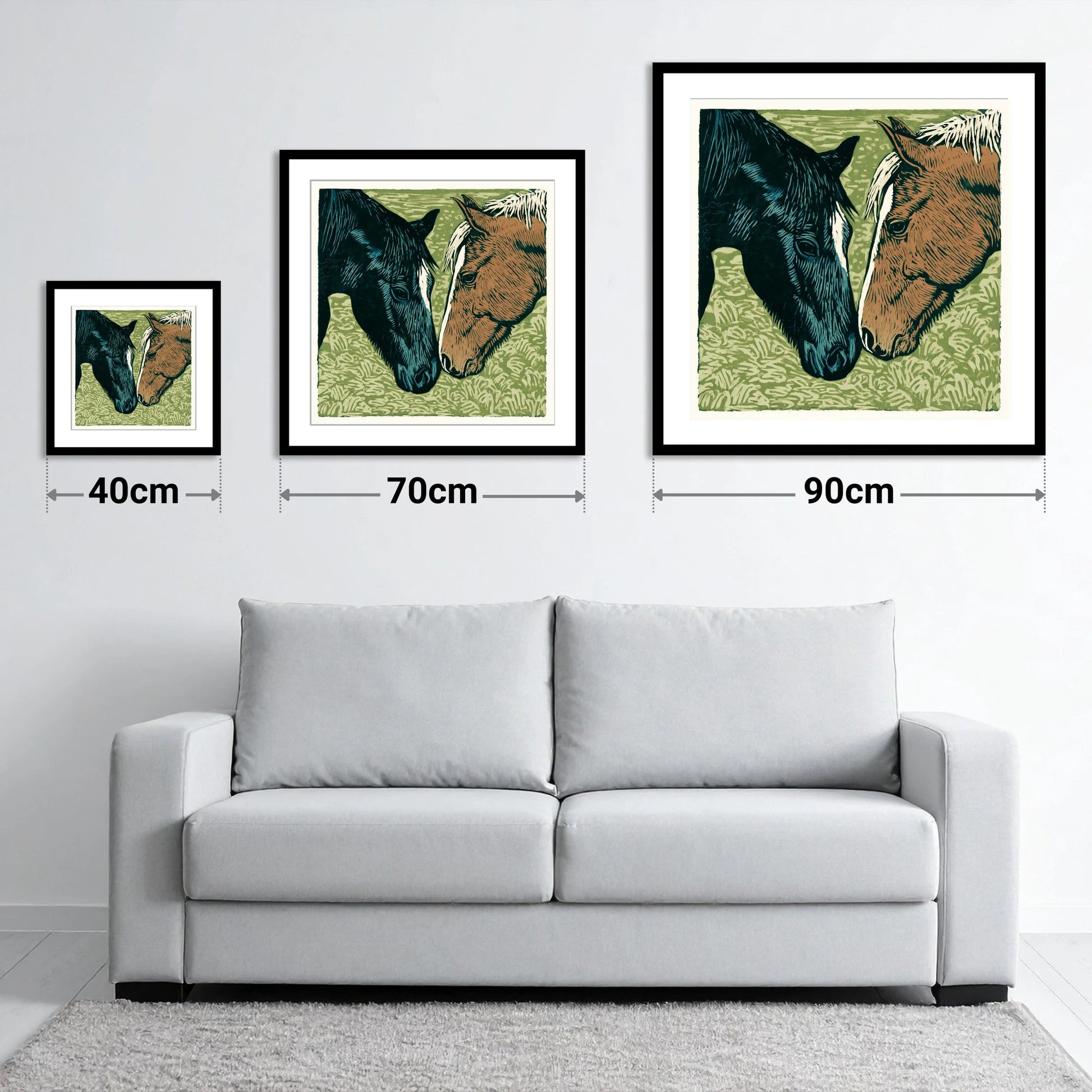 Gentle Greeting - size guide showing 40cm, 70cm and 90cm art prints