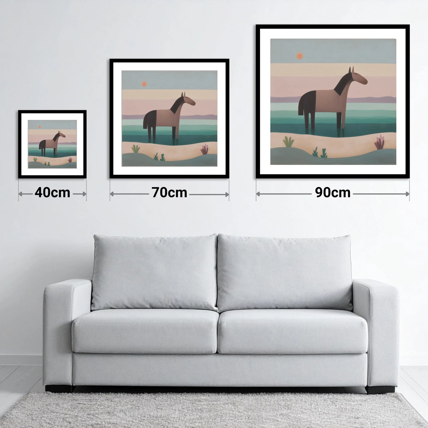 Stillness in the Shallows - size guide showing 40cm, 70cm and 90cm art prints