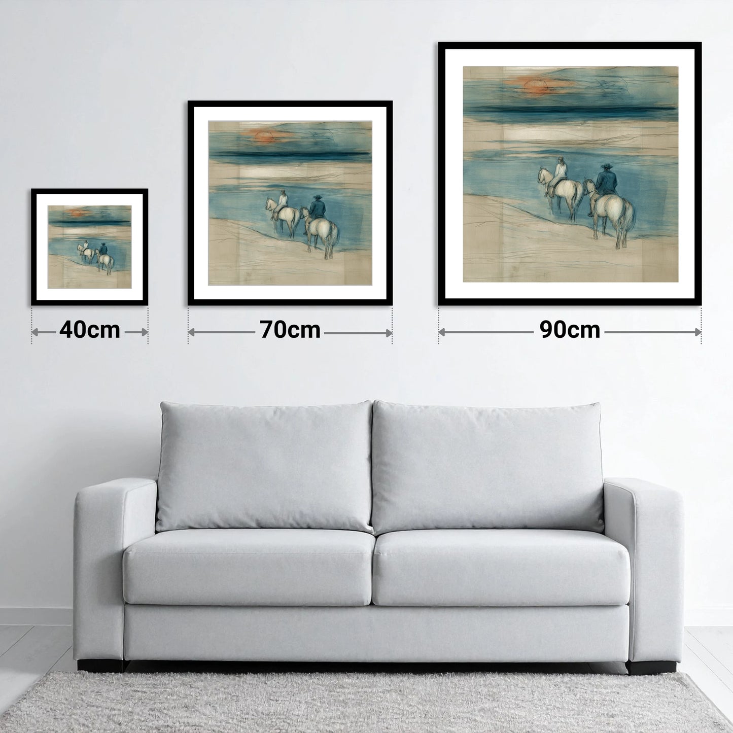 Twilight Shoreline Ride - size guide showing 40cm, 70cm and 90cm art prints