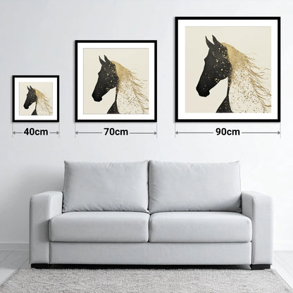 Gilded Equine Silhouette - size guide showing 40cm, 70cm and 90cm art prints