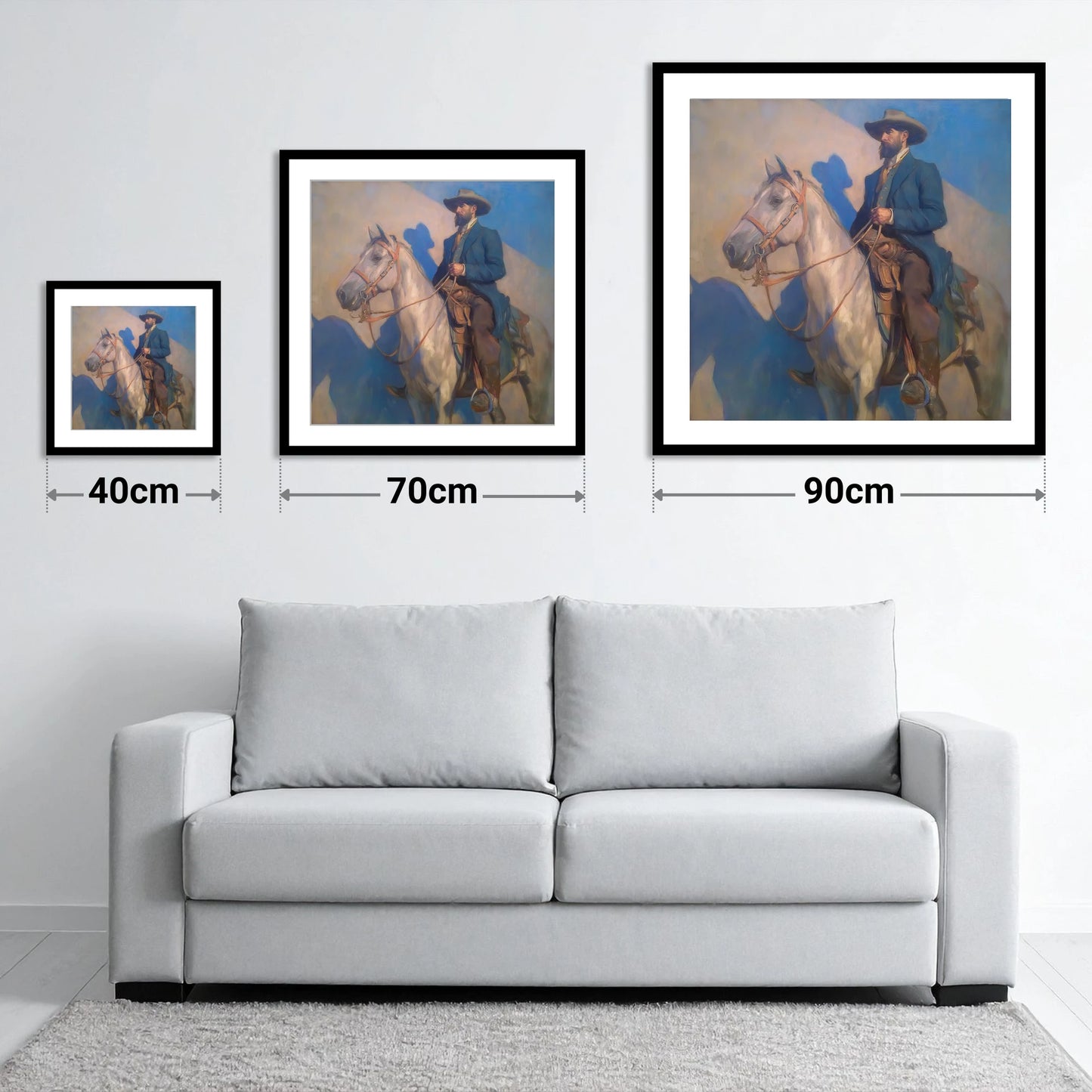 The Quiet Pioneer - size guide showing 40cm, 70cm and 90cm art prints