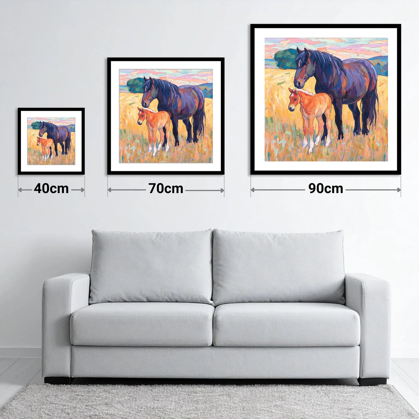 Vibrant Bond Mare and Foal - size guide showing 40cm, 70cm and 90cm art prints
