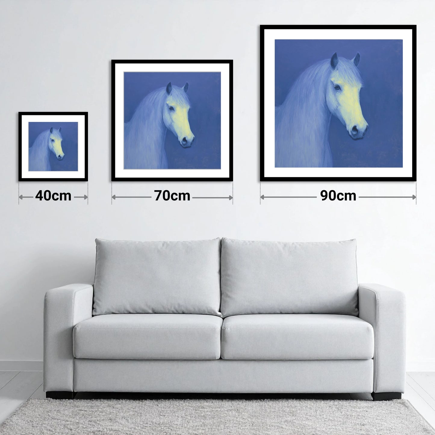 Luminous Blue Portrait - size guide showing 40cm, 70cm and 90cm art prints
