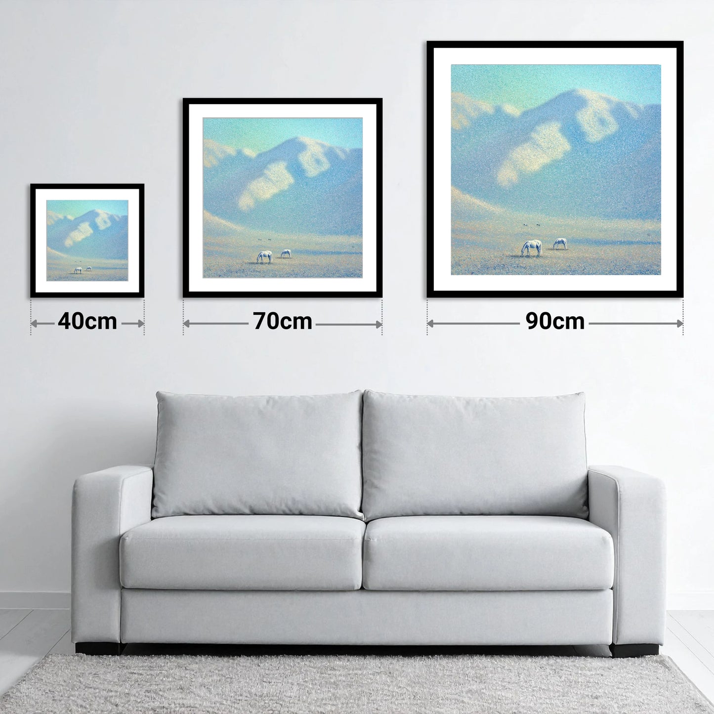 Ethereal Mountain Grazing - size guide showing 40cm, 70cm and 90cm art prints
