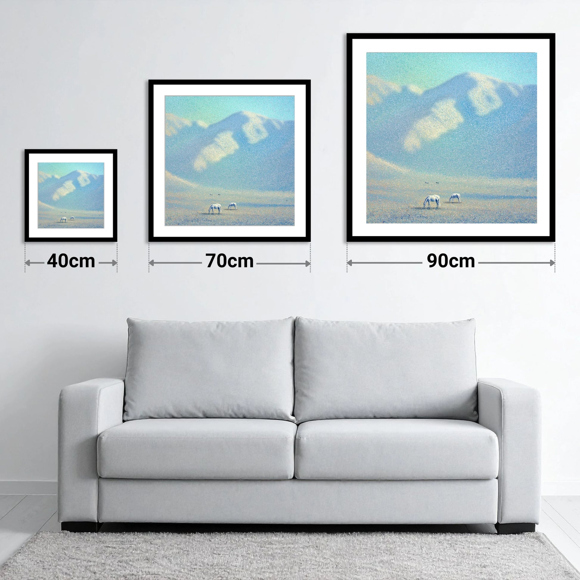 Ethereal Mountain Grazing - size guide showing 40cm, 70cm and 90cm art prints