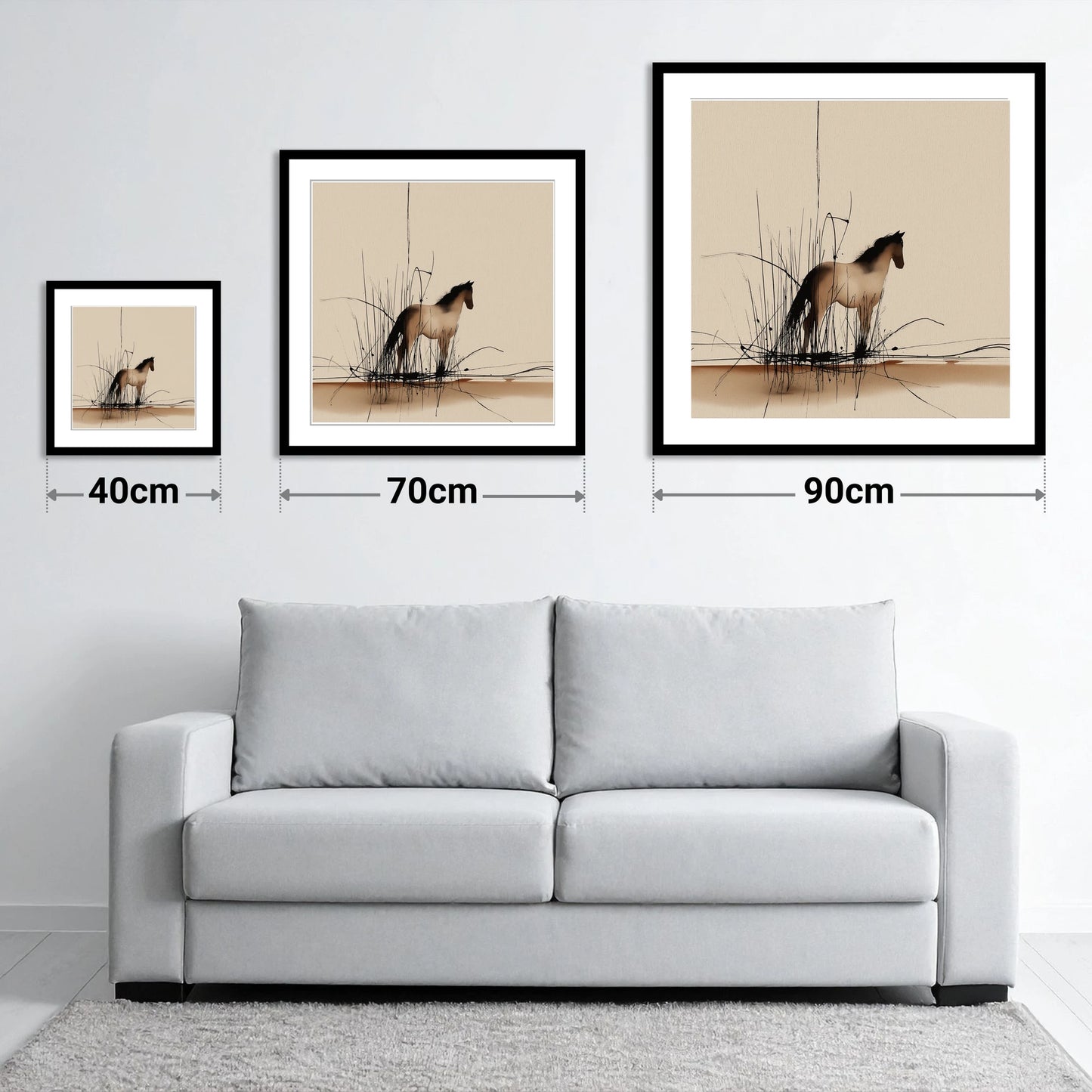Sentinel of the Reeds - size guide showing 40cm, 70cm and 90cm art prints