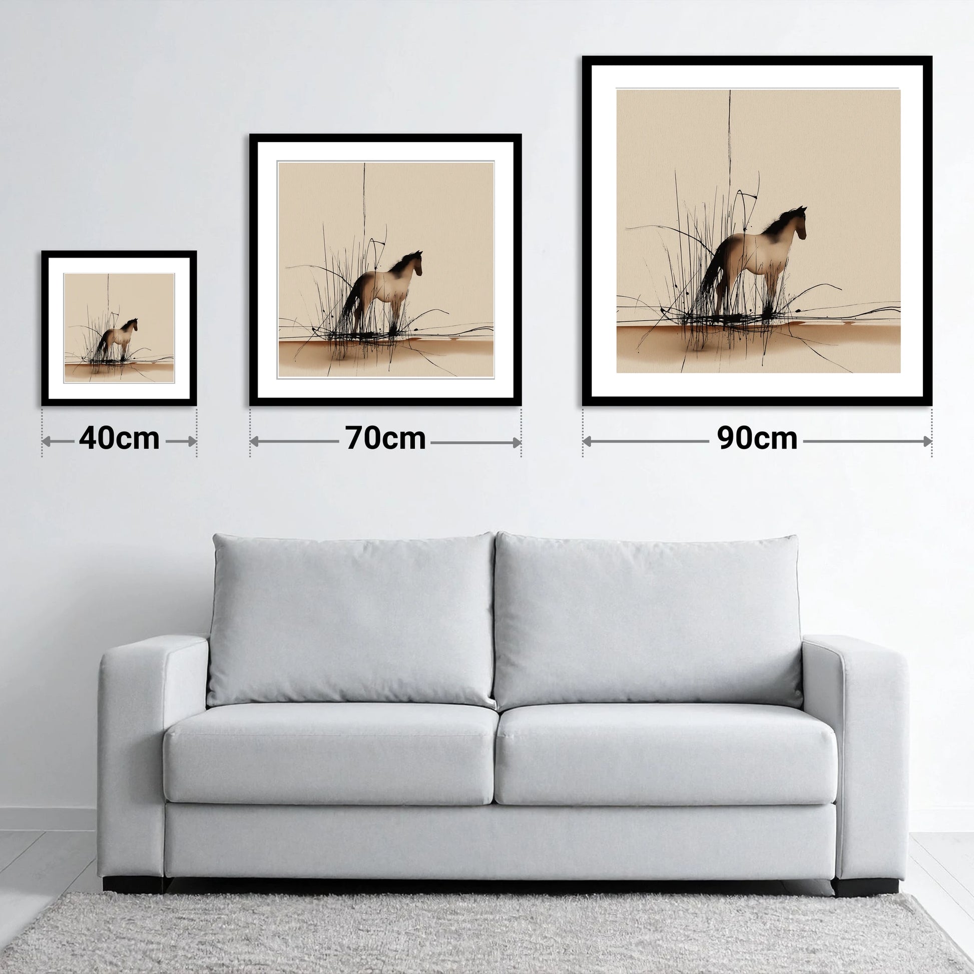 Sentinel of the Reeds - size guide showing 40cm, 70cm and 90cm art prints