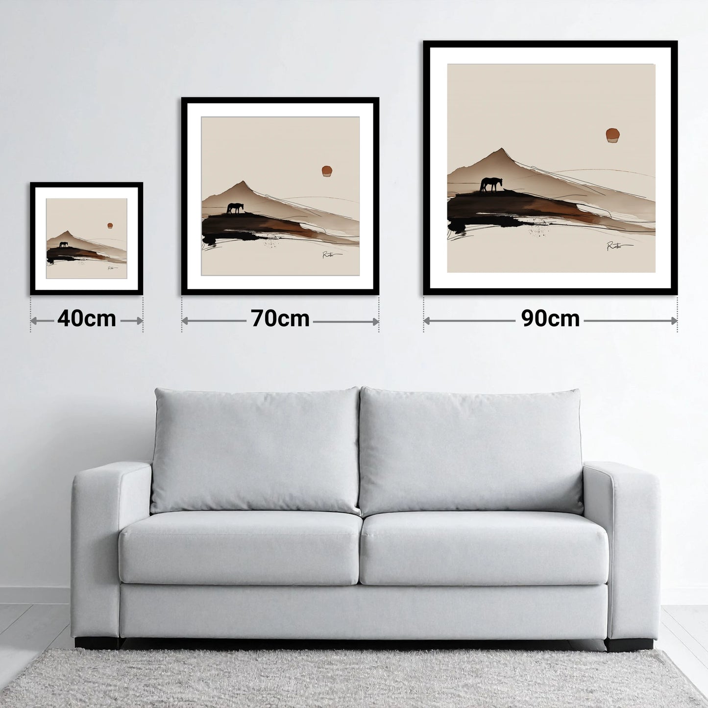 Solitude Beneath the Peak - size guide showing 40cm, 70cm and 90cm art prints
