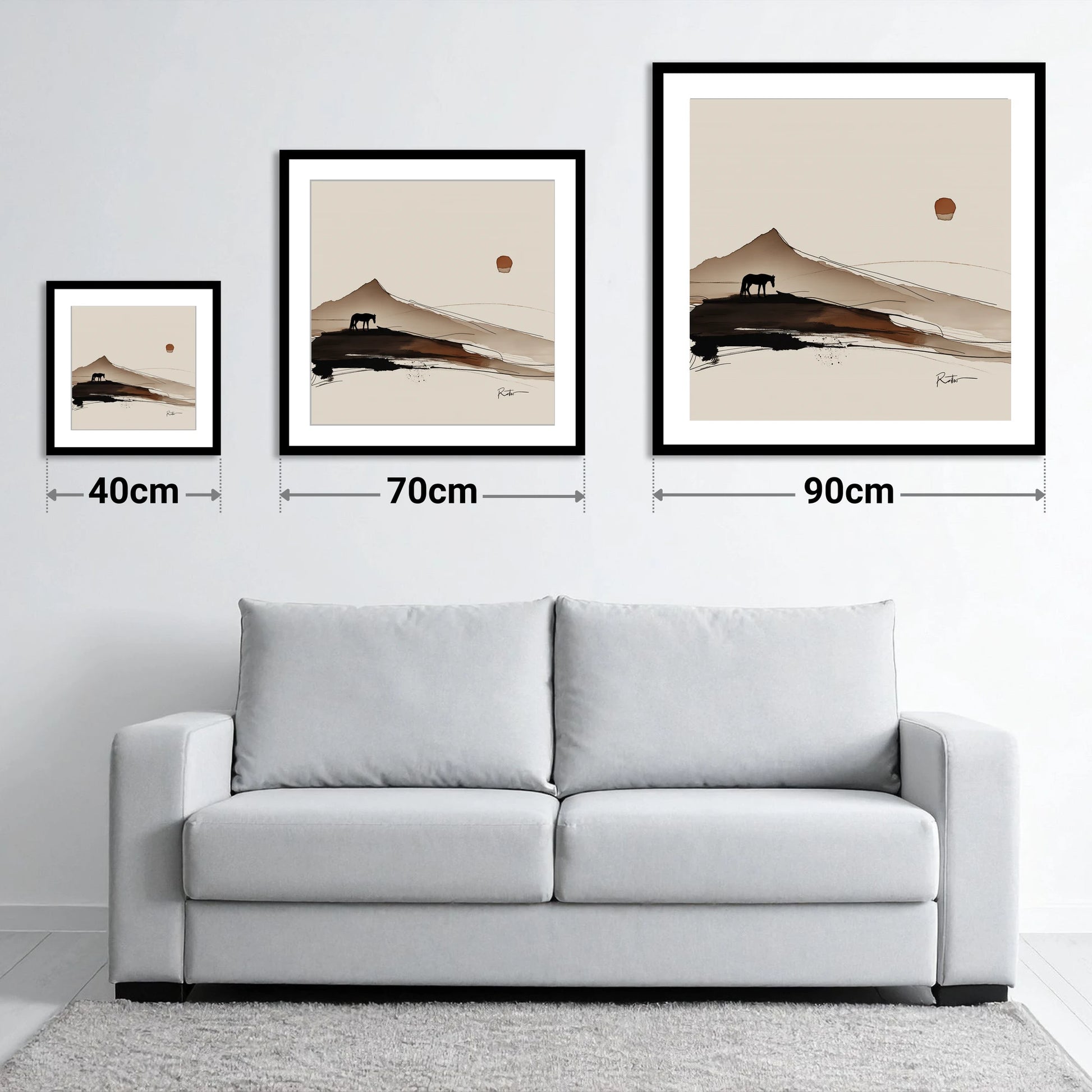 Solitude Beneath the Peak - size guide showing 40cm, 70cm and 90cm art prints