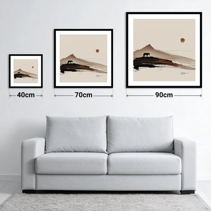 Solitude Beneath the Peak - size guide showing 40cm, 70cm and 90cm art prints