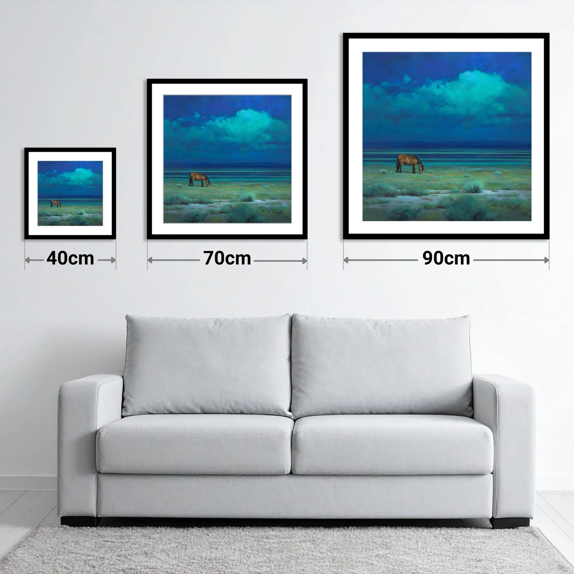 Midnight Solitude - size guide showing 40cm, 70cm and 90cm art prints