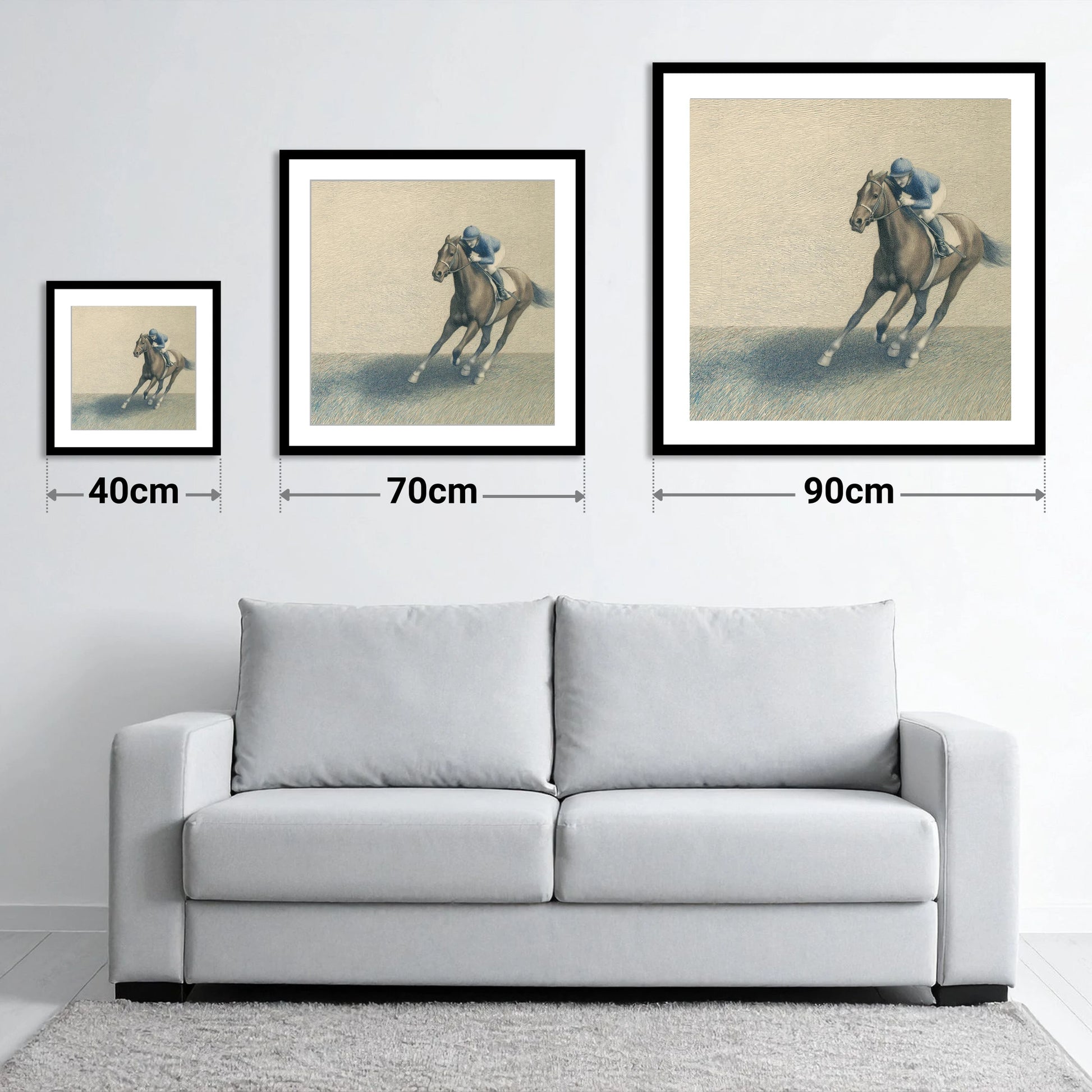 Power In The Pace - size guide showing 40cm, 70cm and 90cm art prints