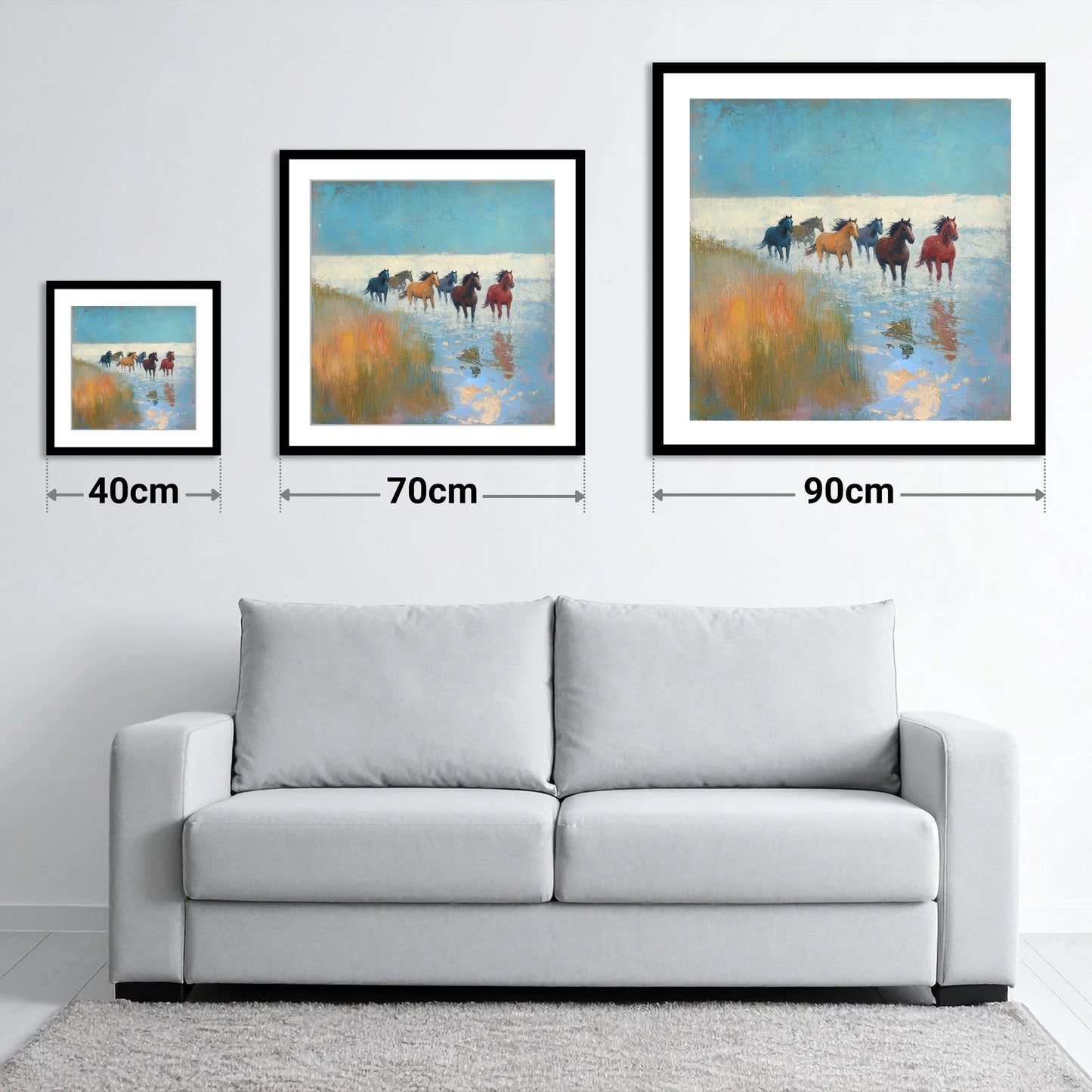 Through the Shallows - size guide showing 40cm, 70cm and 90cm art prints