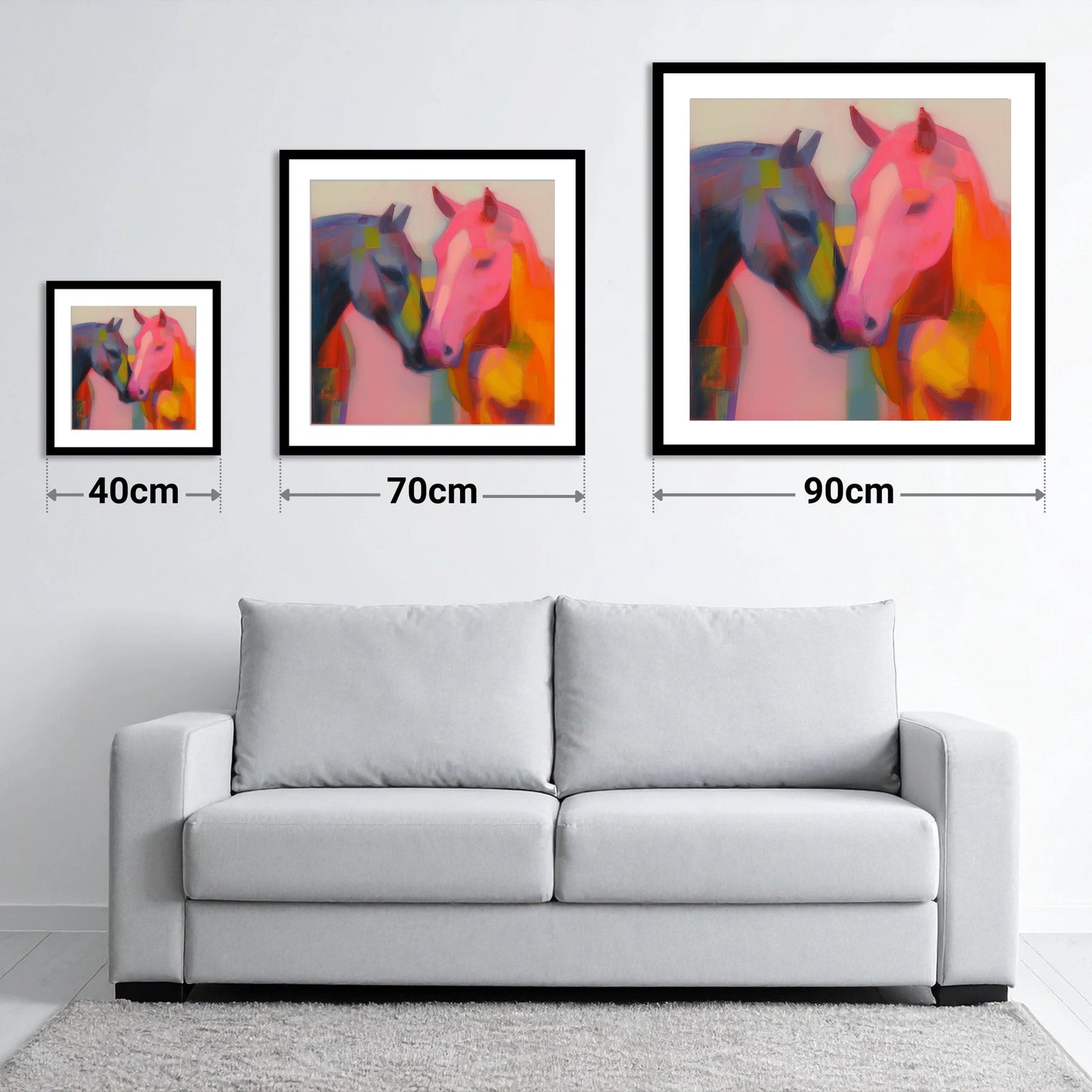 Vibrant Companions - size guide showing 40cm, 70cm and 90cm art prints