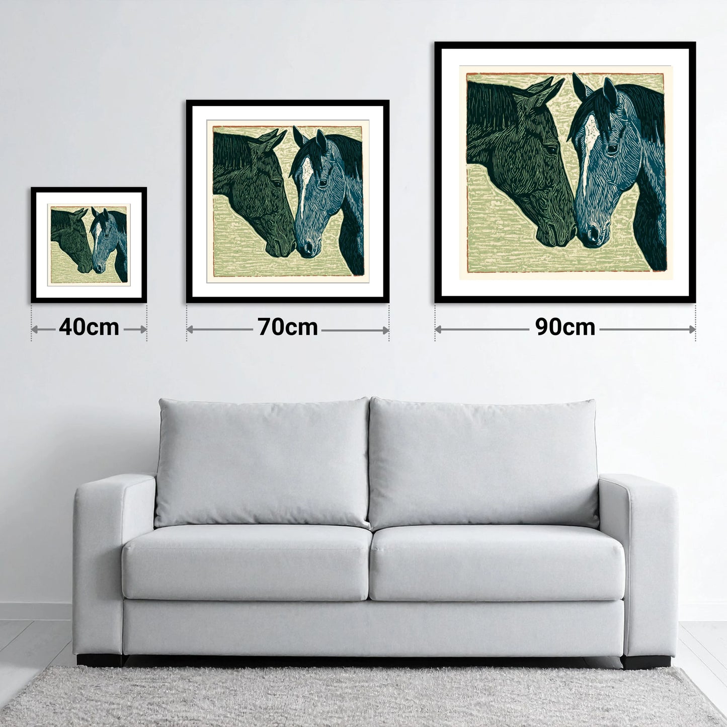 Kindred Spirits - size guide showing 40cm, 70cm and 90cm art prints